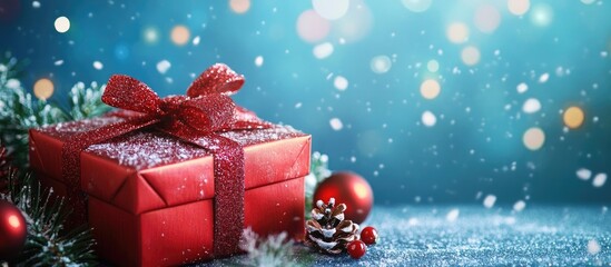 Aufkleber - Christmas gift box on a blue background red holiday box. with copy space image. Place for adding text or design