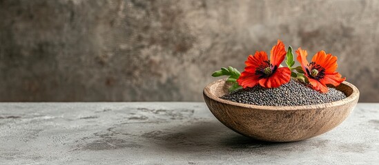 Poster - Wooden bowl containing poppy seeds and a flower on a grey table room for text. with copy space image. Place for adding text or design