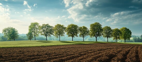 Fototapete - Agricultural landscape featuring a row of trees on the horizon Scene of farmland during springtime. with copy space image. Place for adding text or design