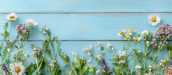 Poster - herbal flowers on a blue wooden tabletop background. with copy space image. Place for adding text or design