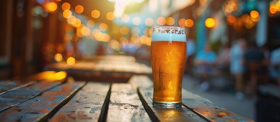 Poster - Cold beer in a glass on the table of a street cafe. with copy space image. Place for adding text or design
