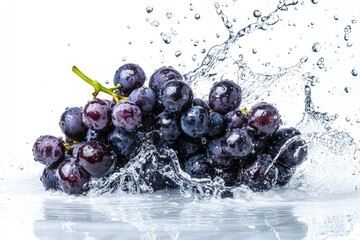 Refreshing Grape Splash. Juicy Grapes Dripping in Clear Water on White Background