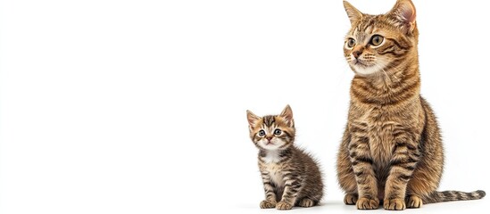 Poster - Cute brown cat sitting with an adorable kitten gazing at the camera Furry mammal isolated on a white background long shot showing the full body of the cat. with copy space image