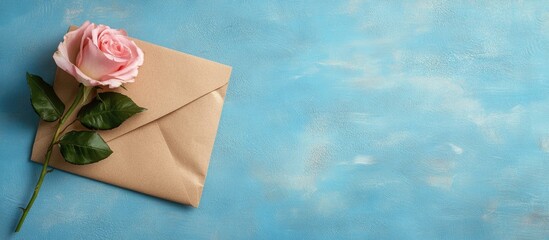 Poster - Close up of an old brown envelope with a pink rose on a blue background Minimal flat lay. with copy space image. Place for adding text or design