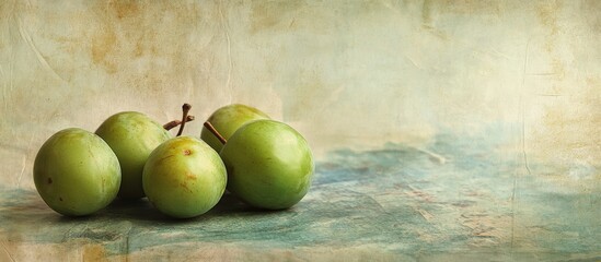 Poster - textured vintage paper background featuring green plums. with copy space image. Place for adding text or design