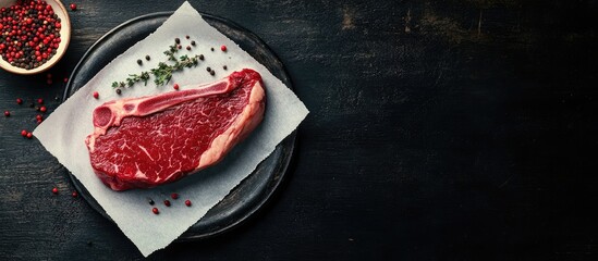 Leinwandbilder - Fresh raw beef marble steak on paper with a saucer filled with pink peppercorn spice set on a black wooden table. with copy space image. Place for adding text or design