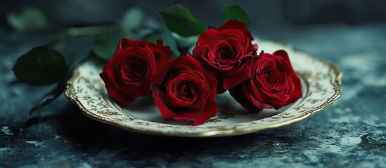 Poster - Romantic table arrangement featuring a bouquet of roses on an antique plate. with copy space image. Place for adding text or design