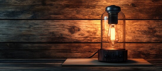 Poster - Vacuum tube radio lamp on a flat wooden board background with copyspace