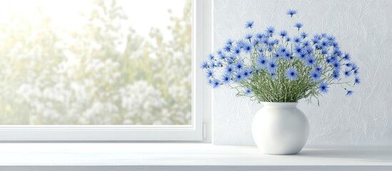 Poster - Fresh beautiful wildflowers specifically cornflowers are arranged in a vase on a white window sill with a white table and white wallpaper in the background The room features white decor and provide