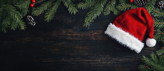 Poster - Christmas fir tree branches with a Santa Claus hat on a dark rustic wooden surface featuring copyspace for text