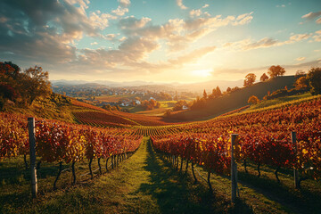 Grape field growing for wine. Vineyard hills. Summer scenery with wineyard rows
