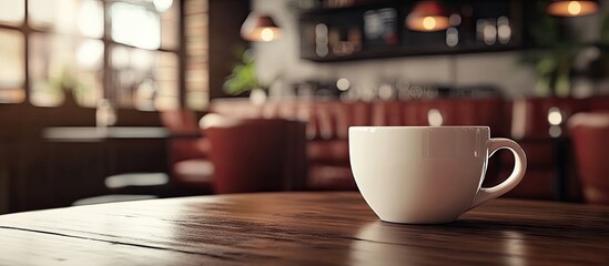 Poster - White coffee cup on the table in a lounge bar setting. with copy space image. Place for adding text or design