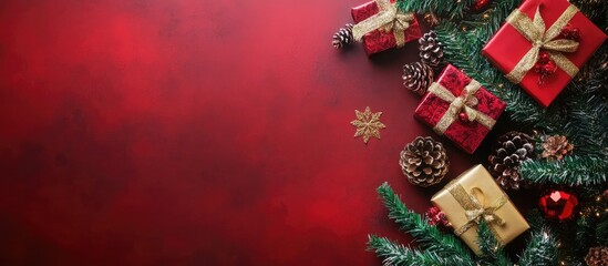 Aufkleber - Christmas background featuring a Christmas tree New Year gifts and holiday decorations for winter. with copy space image. Place for adding text or design