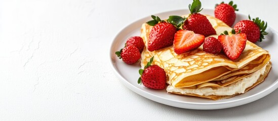Leinwandbilder - Crepes accompanied by cream cheese and fresh strawberries on a white plate against a white background Copy space