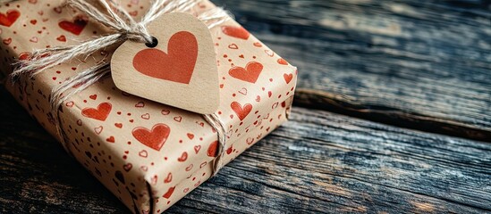 Wall Mural - Parcel wrapped in heart patterned paper with a cardboard tag on a wooden table close up Copyspace available