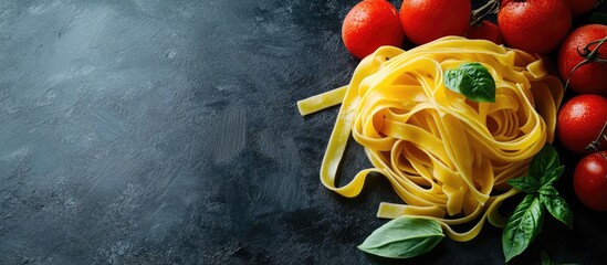 Canvas Print - Raw Italian tagliatelle and vegetables on a dark background Space for text. with copy space image. Place for adding text or design