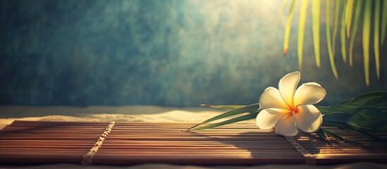 Poster - Health spa environment featuring a bamboo mat and frangipani flower on sand with a zen moon The photo is enhanced with a vintage retro filter. with copy space image. Place for adding text or design