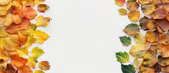 Aufkleber - The right border features a frame of autumn leaves A rainbow gradient of yellow orange brown and green overlaps in rows and columns There is a blank white background on the left for copy space