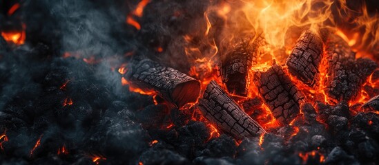 Poster - Logs smoldering in a bright fire up close A moody background featuring a campfire flame An incredibly detailed image of a bonfire from within including copy space A swirling mix of smoke and glowin
