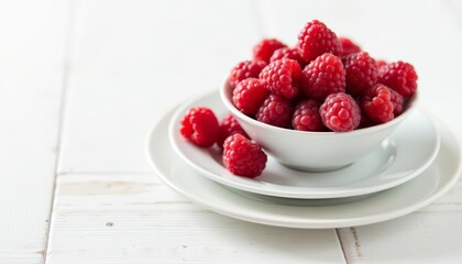 Sticker -  Delicious red raspberries in a white bowl on a wooden table