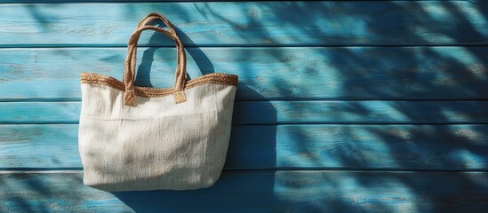 Poster - Beach bag on a blue wooden surface Top view. with copy space image. Place for adding text or design