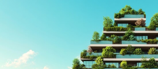 Poster - Contemporary multi storey structures set against a blue sky and green tree tops Copy space