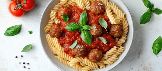 Leinwandbilder - Fusilli pasta with meatballs in tomato sauce and basil in a bowl Italian cuisine Top view Flat lay. with copy space image. Place for adding text or design
