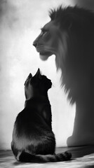 A black cat sits on the ground, facing away from us and casting its shadow in front of it. The silhouette of a majestic lion is projected onto the wall by the light source behind the scene