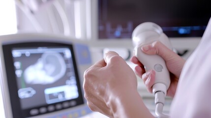 Poster - A close-up of a healthcare professional using a handheld Doppler device to monitor fetal heart rate in an ultrasound room, macro shot, Minimalist style
