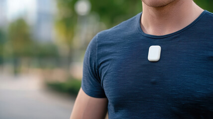 person wearing diabetes monitoring patch on their chest, showcasing modern health technology in outd