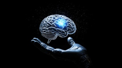 Close-up AI robot holds AI brain with open hand. Artificial intelligence or AI analysis information. AI produces a superior brain from itself. Human brain and AI brain merge. Technology and science, m