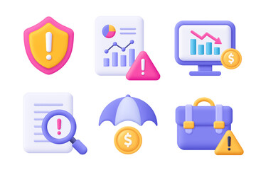 Poster - Business risk and risk management 3d vector icon set. Shield, chart, briefcase, umbrella, coin, file. Cartoon minimal style.