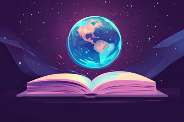 An open book with the Earth floating above its pages, symbolizing divine knowledge, creation, and the connection between scripture and the world, illustrated in vibrant colors and cosmic themes,.