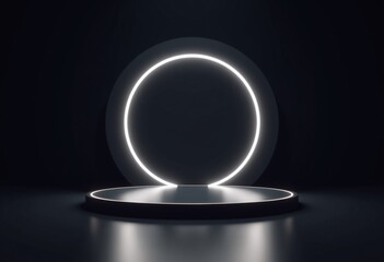 Poster - Dark Minimalist Platform with Circular Frame and Neon Lighting