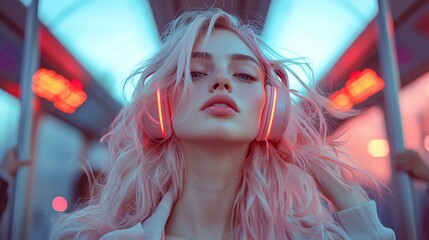 Young woman in urban transit wearing glowing pink headphones, capturing modern style and vibrant city life.