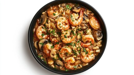 Wall Mural - Shrimp and Mushroom Dish in Black Bowl