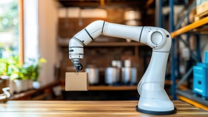 Poster - A robotic arm lifts a small box, showcasing modern automation in a workspace filled with shelves and industrial elements.