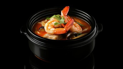 Wall Mural - Delicious Shrimp Soup in Black Bowl