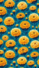 Fototapete - A full, simple wallpaper pattern of marigolds in a flat illustration style with bright yellow and indigo colors. The marigolds should be evenly spaced on a solid teal background.