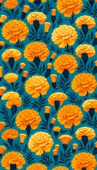 Fototapete - A full, simple wallpaper pattern of marigolds in a flat illustration style with bright yellow and indigo colors. The marigolds should be evenly spaced on a solid teal background.