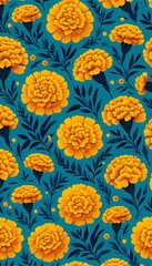 Fototapete - A full, simple wallpaper pattern of marigolds in a flat illustration style with bright yellow and indigo colors. The marigolds should be evenly spaced on a solid teal background.