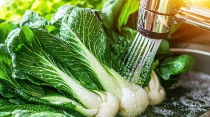 Fresh bok choy being rinsed under water, showcasing vibrant green leaves and a healthy preparation for cooking or salad.