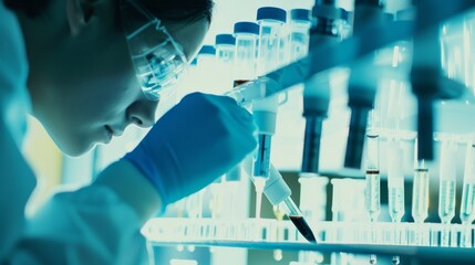Poster - A close-up of a medical researcher analyzing samples in a laboratory with focus on the equipment and samples, set against a sleek, high-tech lab environment