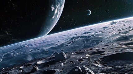 Wall Mural - Rocky surface with a large planet in the background. The planet is surrounded by a lot of space debris