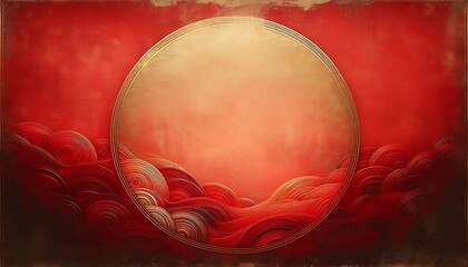 Poster - The image features a red and gold abstract design with a large gold circle in the center surrounded by red swirling shapes on a dark red background