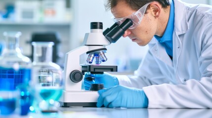Poster - A close-up of a medical researcher examining a petri dish under a microscope with focus on the microscopic details and research environment, set against a bright, clean laboratory background