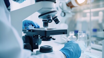 Poster - A close-up of a medical researcher using a microscope to examine cell samples with focus on the equipment and sample slides, set against a clean, bright laboratory environment