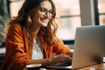 Wall Mural - Woman is sitting at a table with a laptop in front of her. She is smiling and she is happy