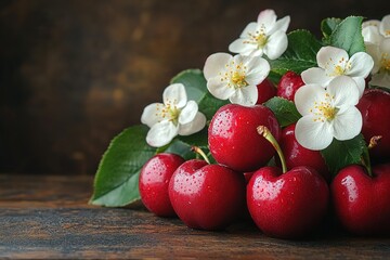 Red cherries with white flowers on wooden table background