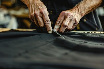 A man is cutting fabric with a pair of scissors